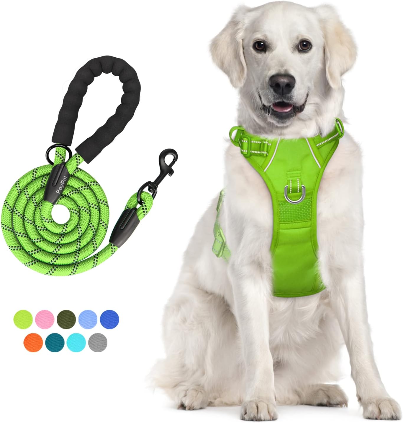 PoyPet Juego de arnés sin tirones para perro y correa de 5 pies, chaleco reflectante ajustable para mascotas, 2 anillos en D delanteros y traseros,