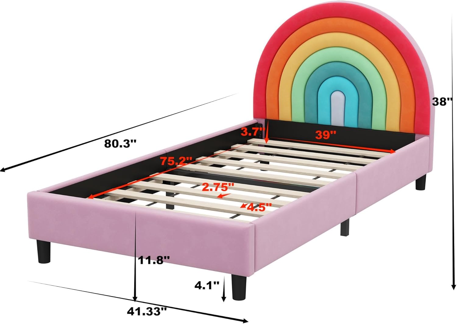 SOFTSEA Marco de cama tamaño individual, marco de cama individual para niños, cama de plataforma tapizada tamaño individual con cabecera arcoíris,