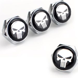 Pack-4 Kit de tornillos de matrícula de aleación de aluminio de calavera blanca, tapones de rosca antirrobo para automóvil, marco de matrícula, Pack-4 Kit de tornillos de matrícula de aleación de aluminio de calavera blanca, tapones de rosca antirrobo para automóvil, marco de matrícula,