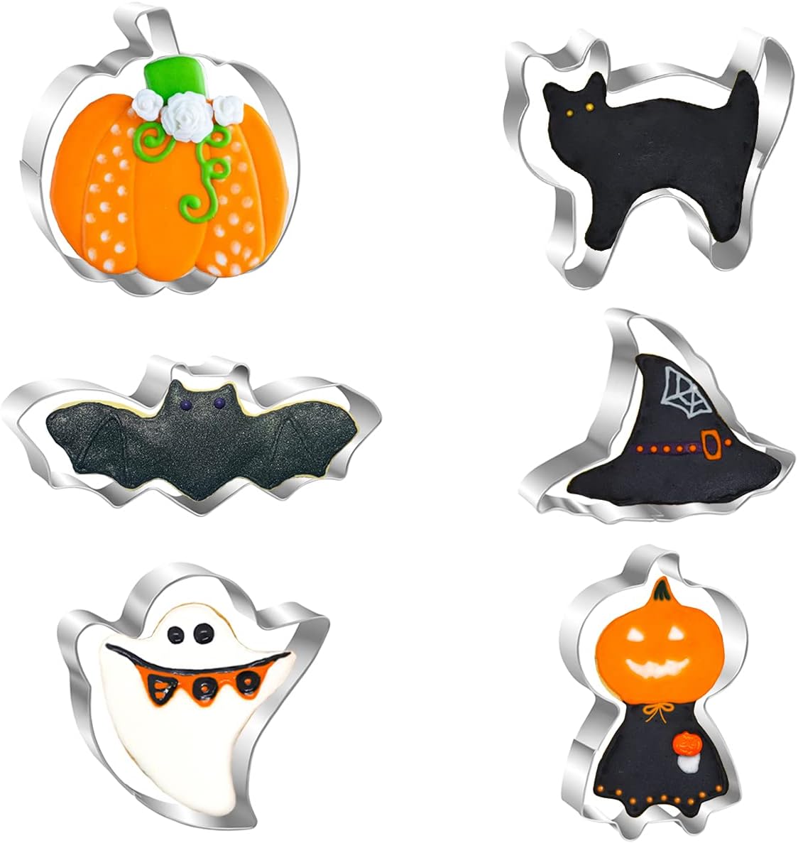 Juego de 6 cortadores de galletas de acero inoxidable para Halloween, calabaza, murciélago, fantasma, sombrero de bruja, gato, hombre de calabaza