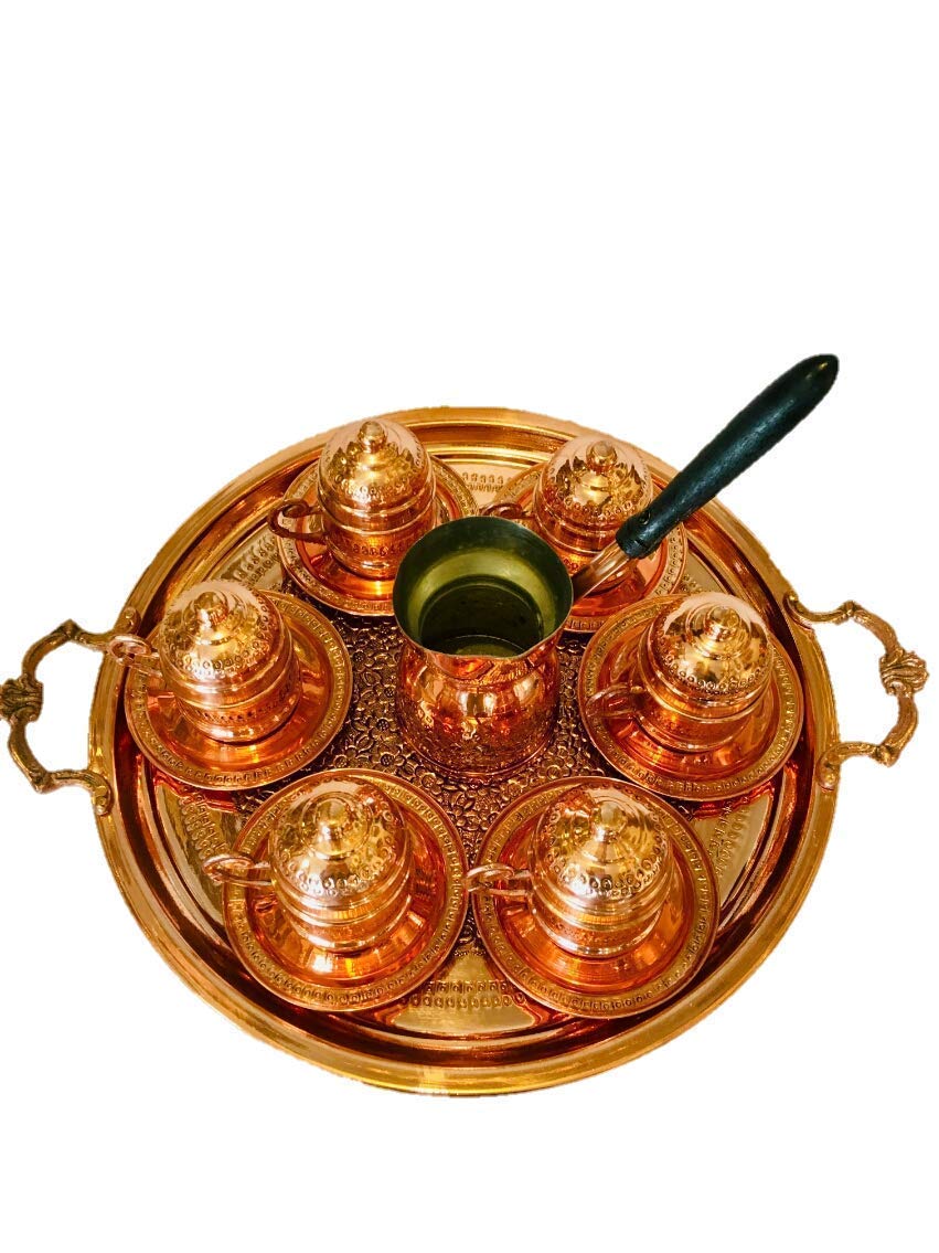 Turkish Copper Coffee Set for 6, Greek Arabic Coffee Serving Set, Pure Copper Copper Cups.