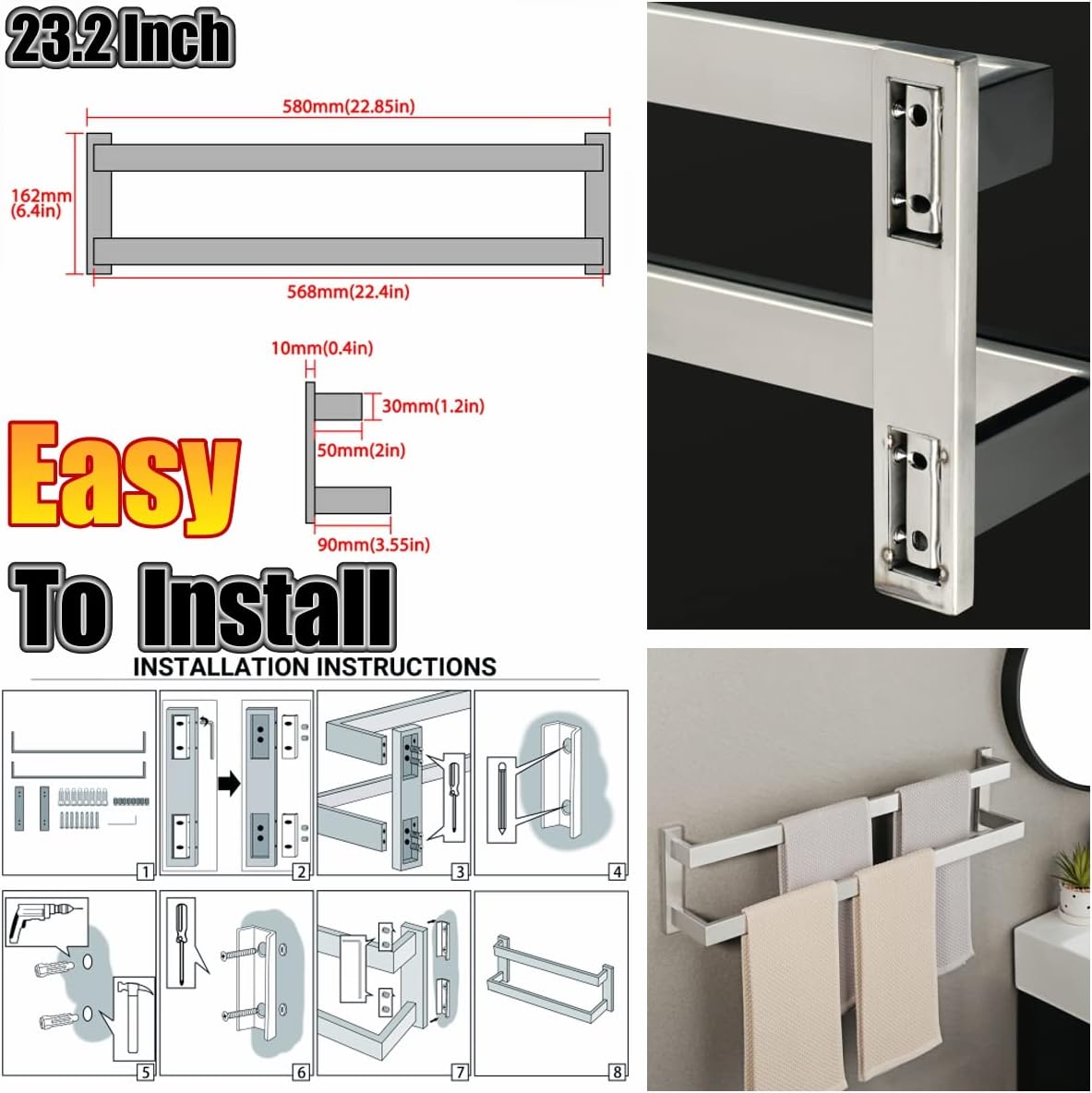 Alise GOY002-LS – Toallero doble para baño, soporte de pared para toallas de baño, toallero de acero inoxidable SUS304, níquel cepillado de 23.2