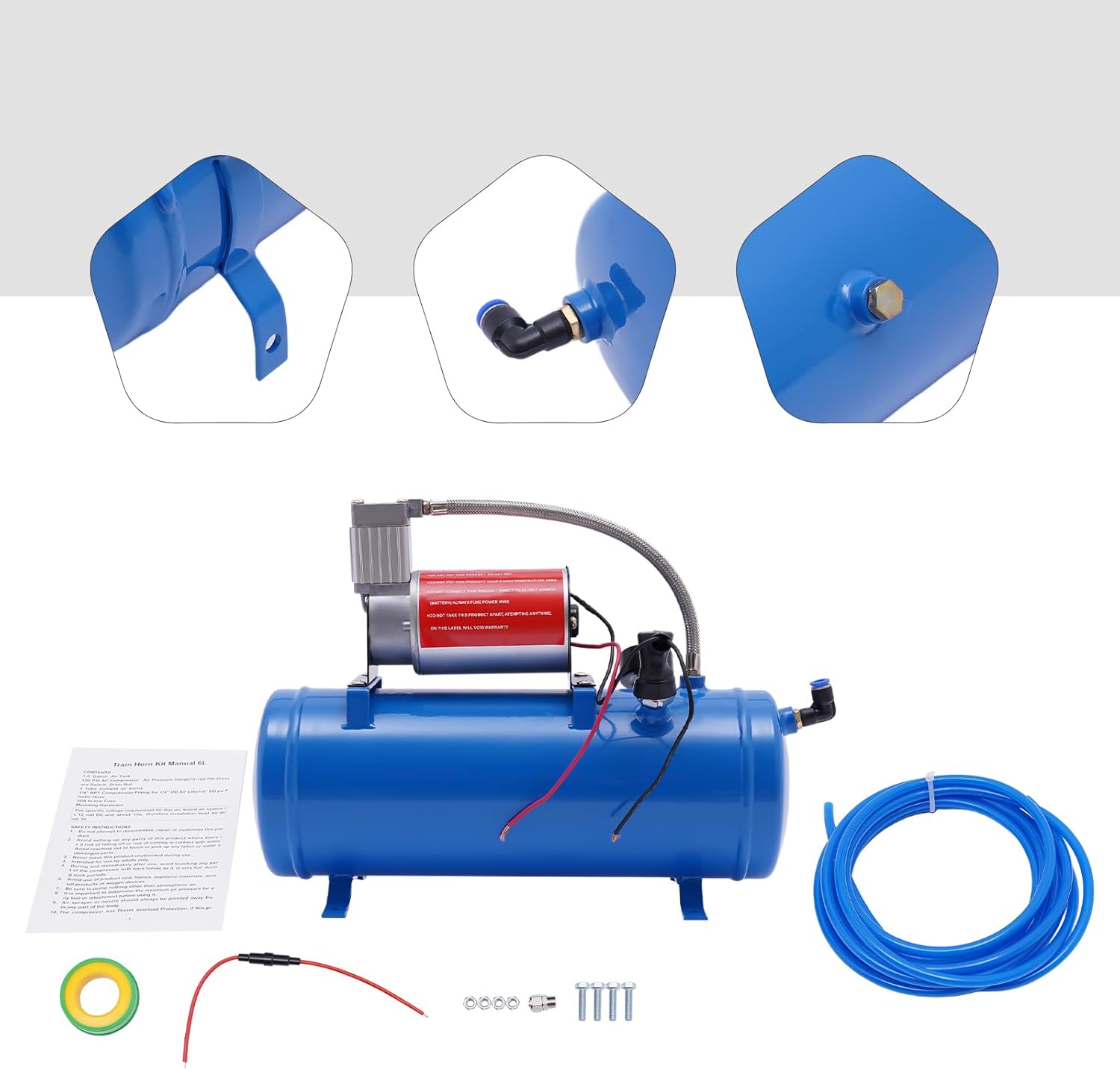 CNCEST Compresor portátil de bocina de aire de 1.6 galones, kit de sistema integrado de compresor de 100 psi, herramientas de aire eléctricas
