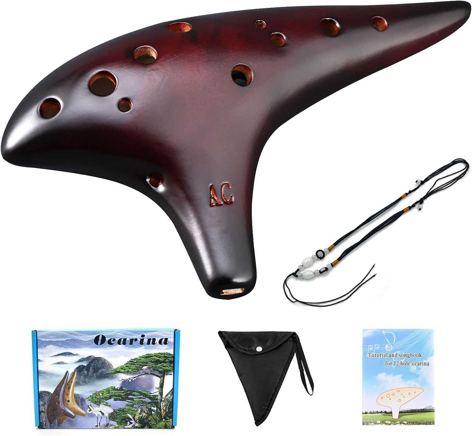 Ocarina Piccolo de cerámica ahumada de 12 hoyos Alto C, instrumento musical, regalo para adultos con bolsa de correa para el cuello