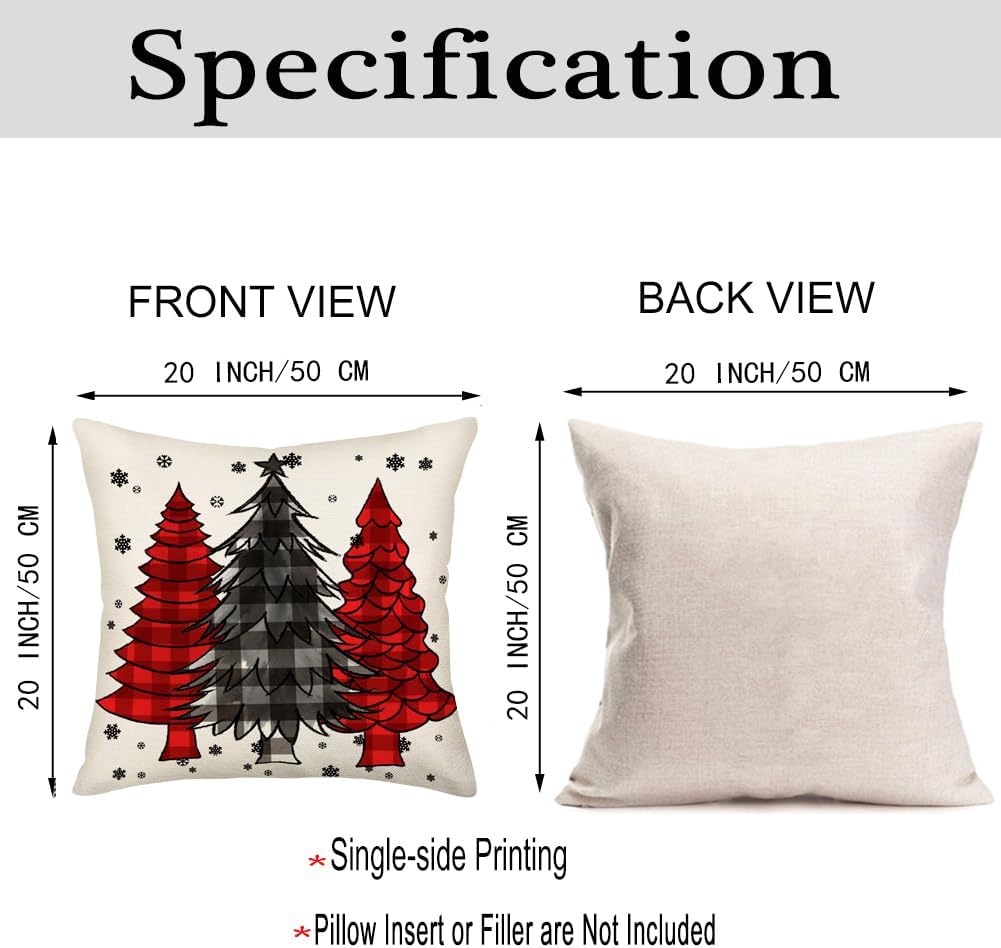Fundas de almohada decorativas para árbol de Navidad de 20 x 20 pulgadas, color rojo y negro, a cuadros, copos de nieve, funda de almohada