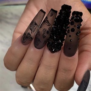 VOTACOS Uñas postizas largas a presión, uñas postizas negras con diamantes de imitación 3D, diseño de mariposa, mate, cobertura completa, uñas VOTACOS Uñas postizas largas a presión, uñas postizas negras con diamantes de imitación 3D, diseño de mariposa, mate, cobertura completa, uñas