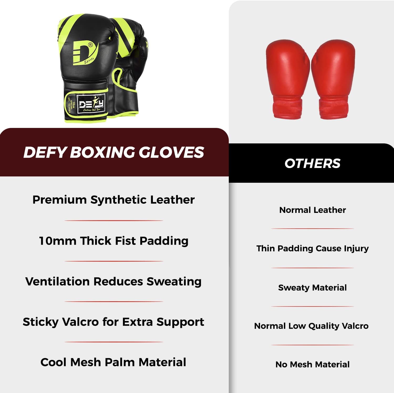 DEFY – Guantes de boxeo maravillosos para hombres y mujeres, para entrenamiento de Muay Thai, Kick Boxing, de cuero, Sparring, bolsa pesada, guantes