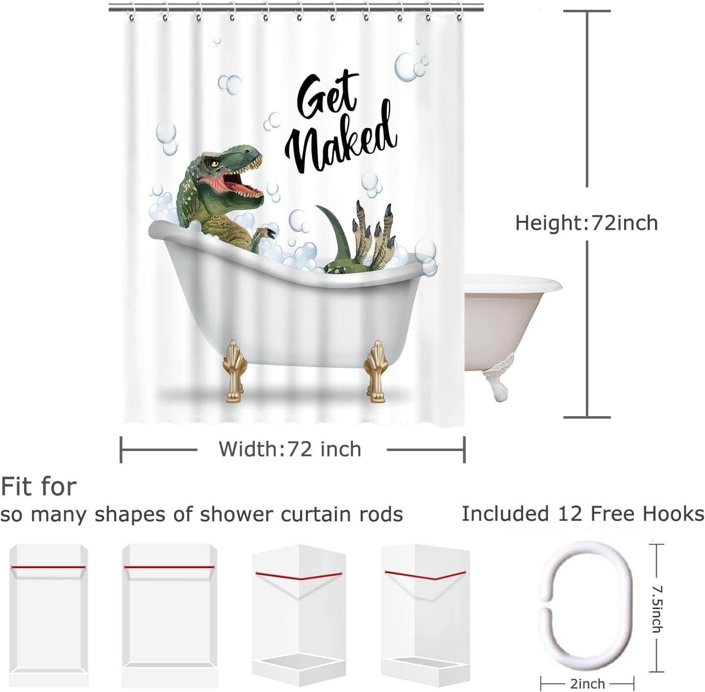 RosieLily Divertida cortina de ducha, juego de cortinas de ducha con 12 ganchos, cortina de ducha de dinosaurio, decoración de baño para niños, 72 x