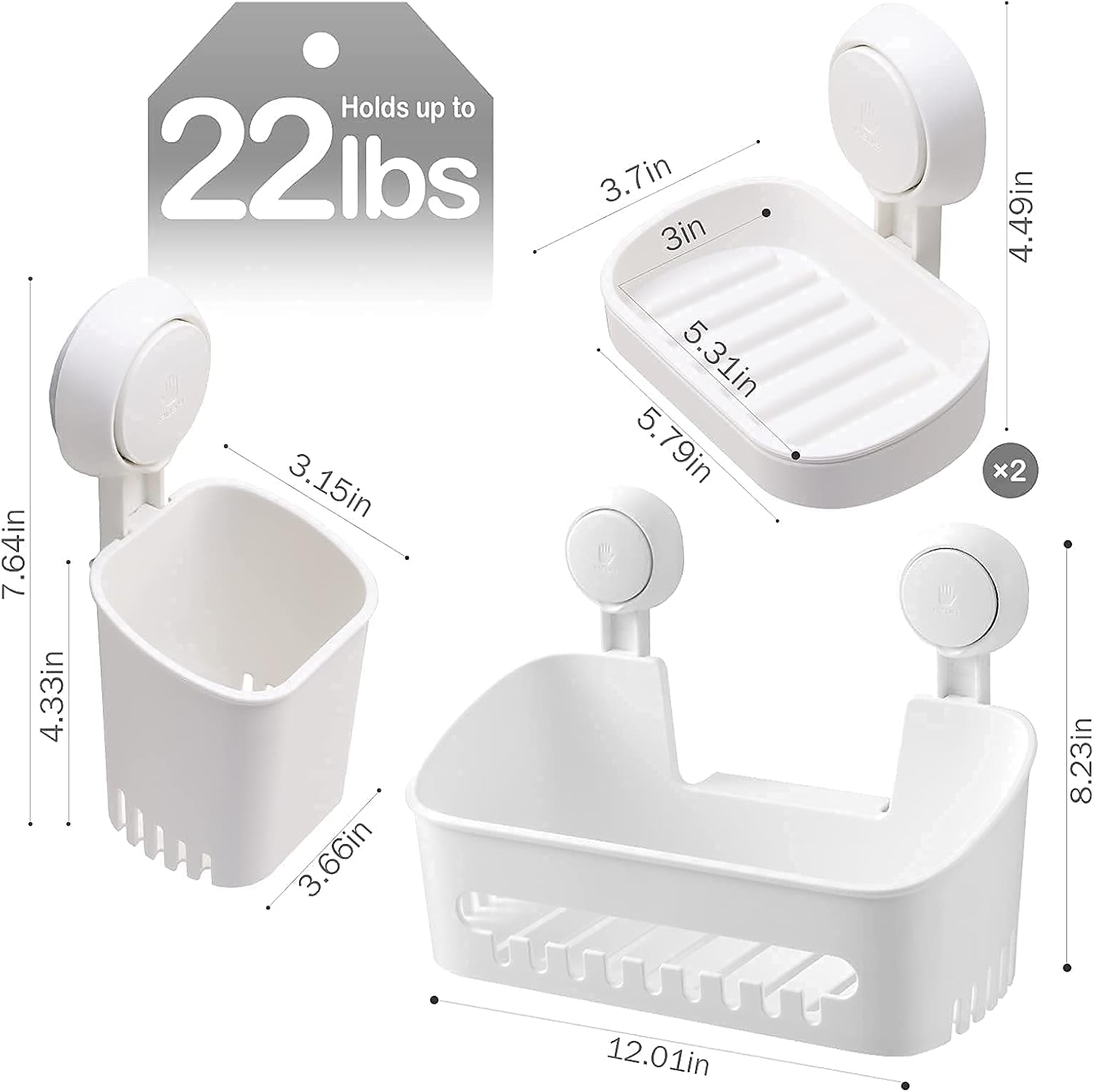 LEVERLOC Organizador de ducha y soporte para jabón y cepillo de dientes, ventosa para jabonera, instalación de un segundo, sin perforaciones, juego