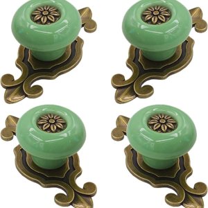 Pomos de cerámica para gabinete, 4 unidades Perillas vintage elegantes para cajones de aparador con placa trasera de bronce, manijas decorativas Pomos de cerámica para gabinete, 4 unidades Perillas vintage elegantes para cajones de aparador con placa trasera de bronce, manijas decorativas
