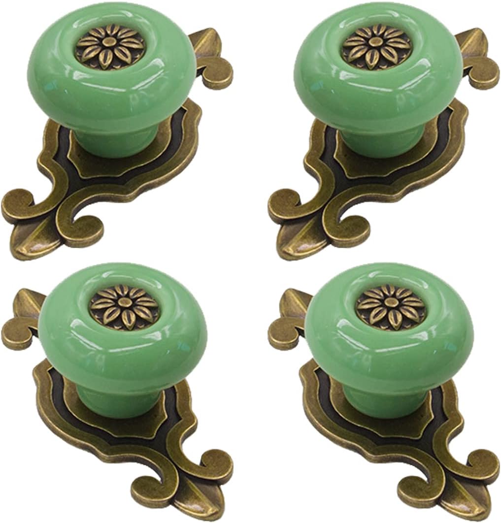 Pomos de cerámica para gabinete, 4 unidades Perillas vintage elegantes para cajones de aparador con placa trasera de bronce, manijas decorativas
