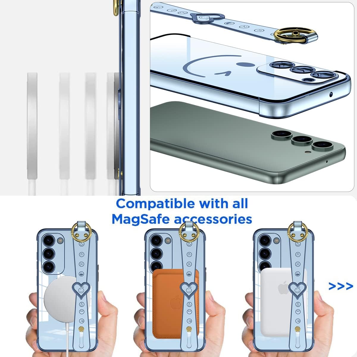 AICase Funda para Samsung Galaxy S23 con protección completa de lente de cámara + correa, cara sonriente chapada con purpurina brillante protección
