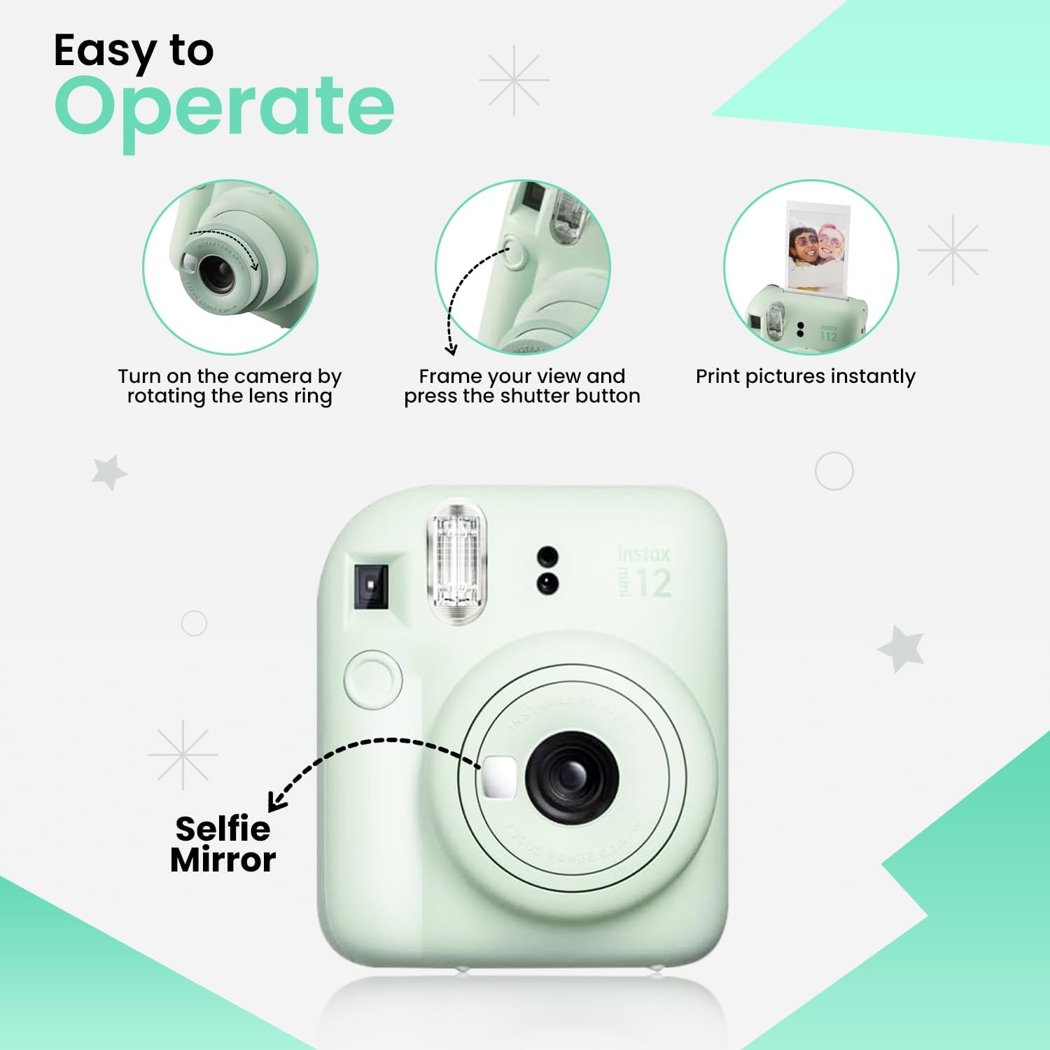 Fujifilm Instax Mini 12 – Cámara instantánea verde menta + paquete de accesorios MiniMate y funda personalizada compatible + película Fuji Instax