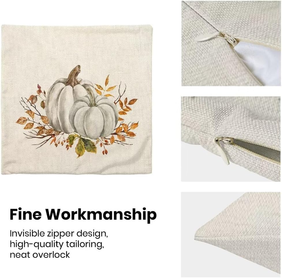 Juego de 2 fundas de almohada de otoño de 18 x 18 pulgadas, calabazas blancas y grises, flores naranjas, fundas de almohada de cosecha de Acción de