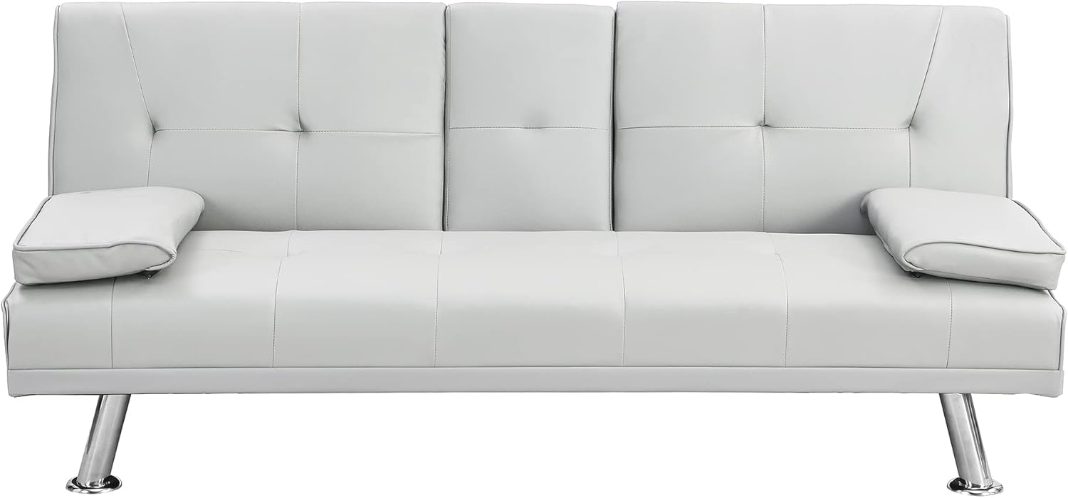 Futón, sala de estar de cuero moderna, sofá biplaza plegable convertible, sofá cama extraíble con 2 portavasos con reposabrazos en el medio, blanco