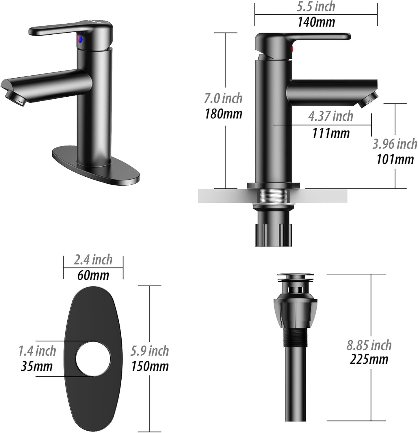 Grifo de baño negro de alta calidad, mango único con conjunto de drenaje, placa de cubierta para instalación de 1 o 3 agujeros, grifo de lavabo con
