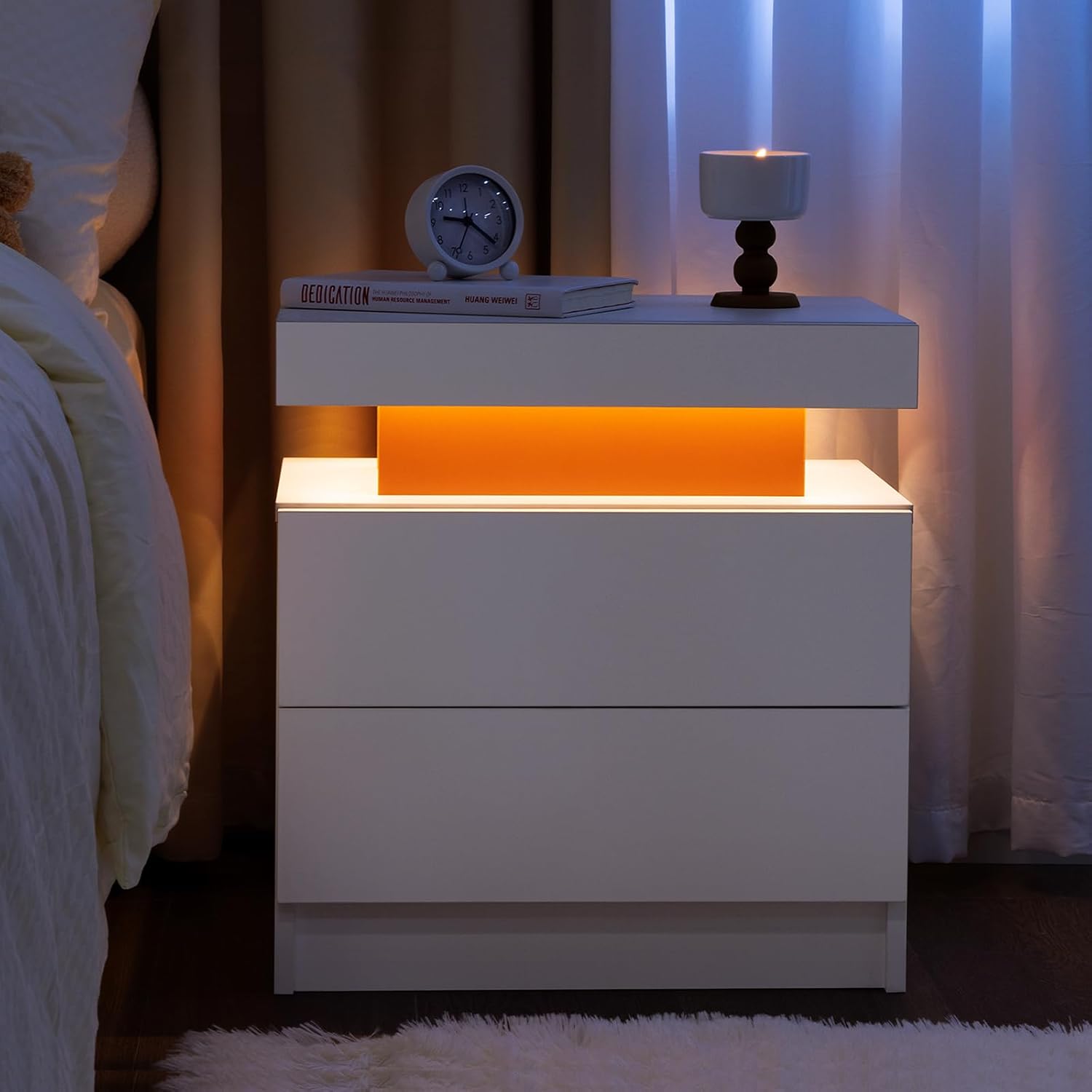DobleCliCli Juego de 2 mesas auxiliares LED, moderna mesita de noche con 3 luces LED y 2 cajones, muebles LED para dormitorio, sala de estar y sala