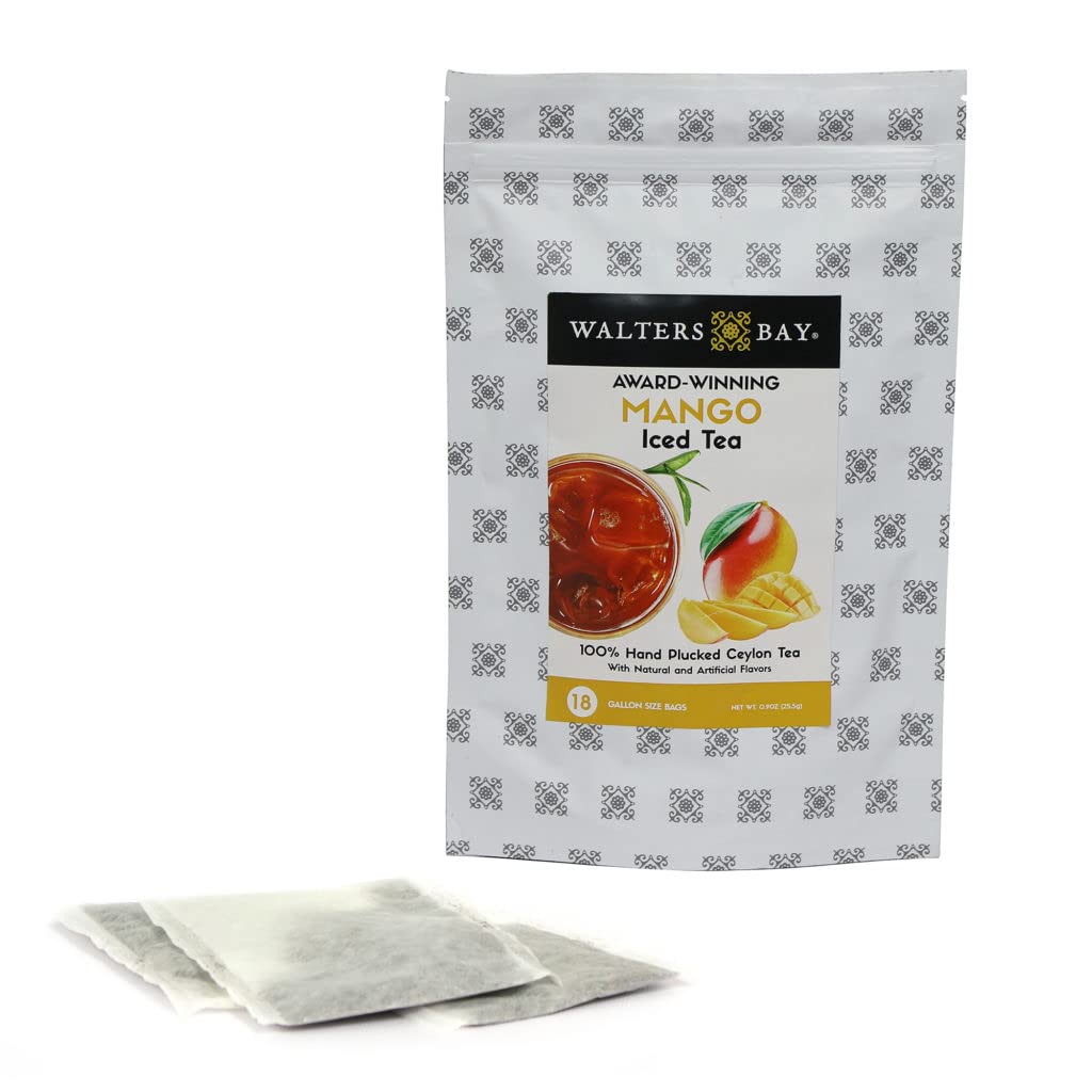 Walters Bay Bolsas de té helado de mango, 18 unidades, bolsas de té de tamaño de galón, té de Ceilán al por mayor, sin azúcar, delicioso sabor a
