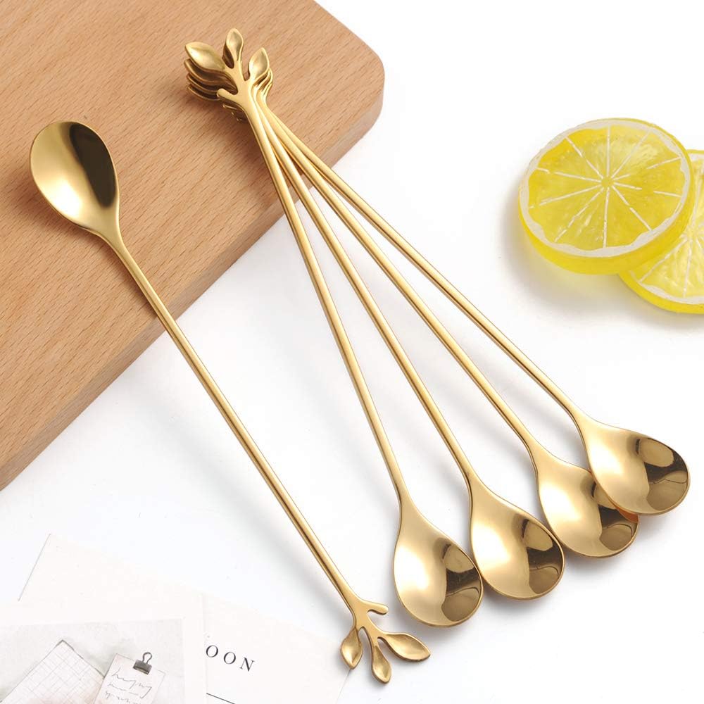 AnSaw Gold Leaf Handle – Cucharas largas de acero inoxidable de 7.4 pulgadas para café y té, cucharas para remover café, juego de 20
