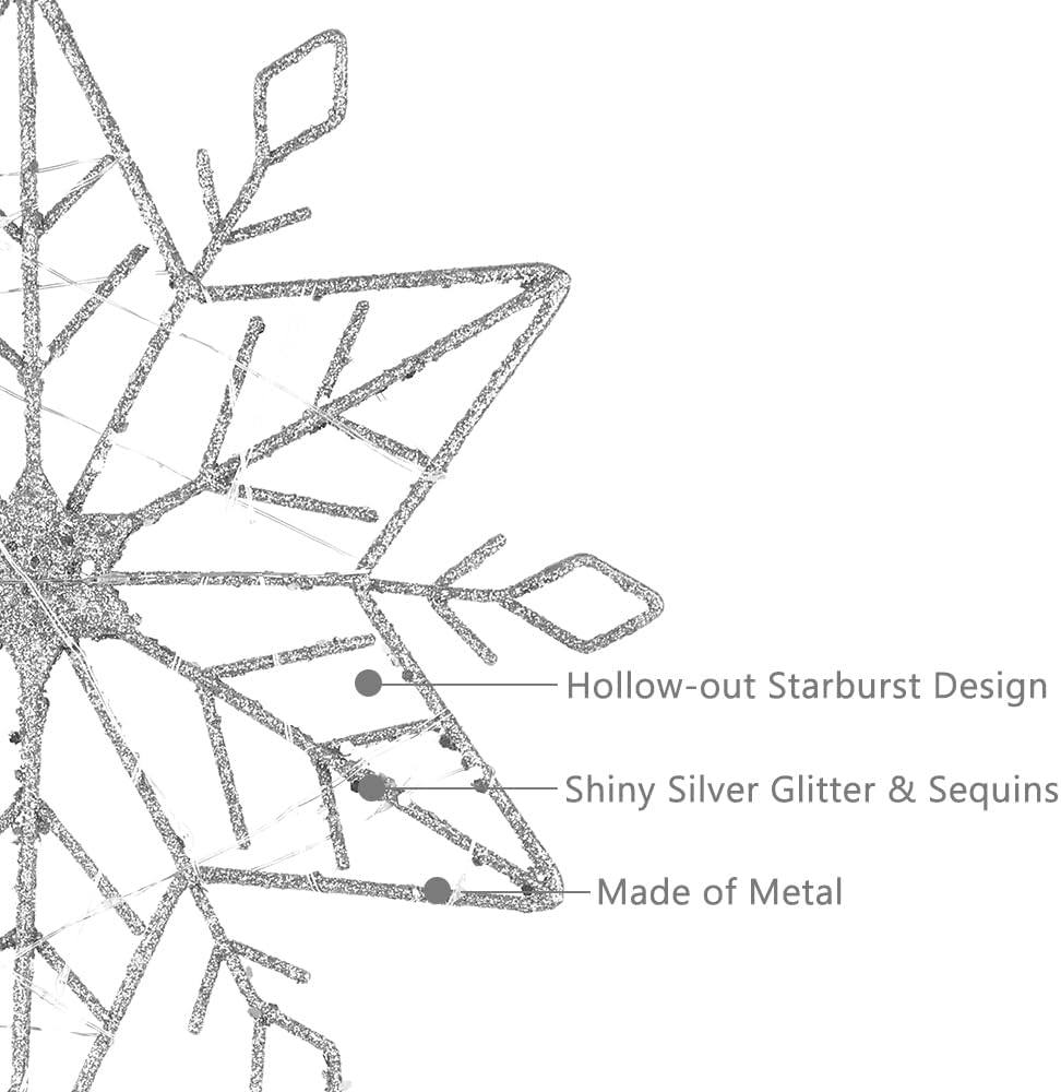 PHITRIC – Decoración para árbol de Navidad, decoración de árbol de nieve plateada iluminada de 10 pulgadas, 20 luces LED plateadas, decoración de