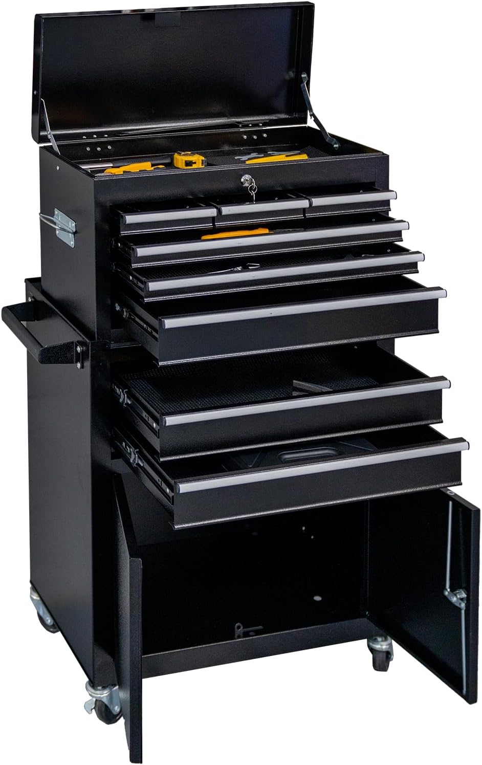 WAYTRIM Cofre de herramientas, gabinete de almacenamiento de herramientas, rodillo de 8 cajones, ganchos laterales y forros de cajones, con