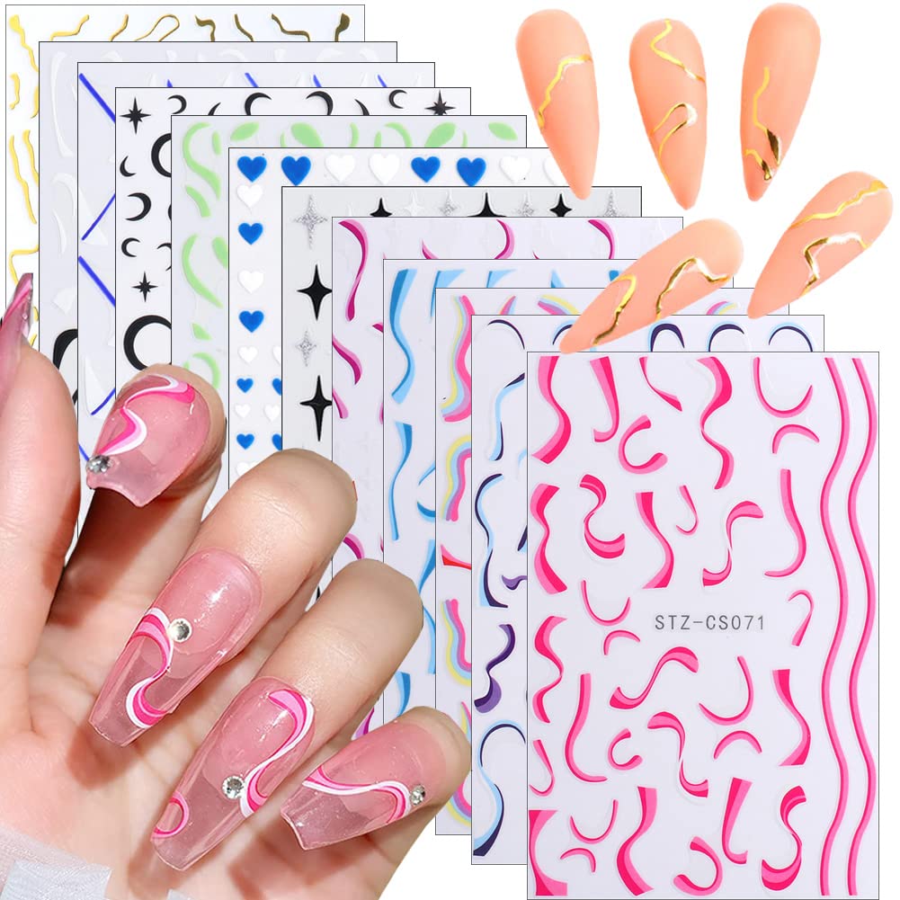 12 hojas de calcomanías de uñas 3D autoadhesivas doradas, líneas de rayas onduladas coloridas, diseños de uñas de estrella, luna, corazón, diseños