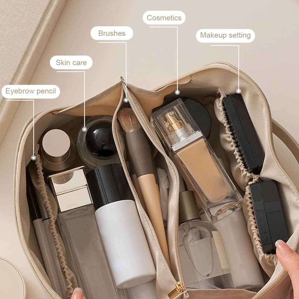 Bolsa de cosméticos de viaje de gran apertura, bolsa de maquillaje de piel sintética, bolsa de maquillaje de viaje portátil para mujer con asa y