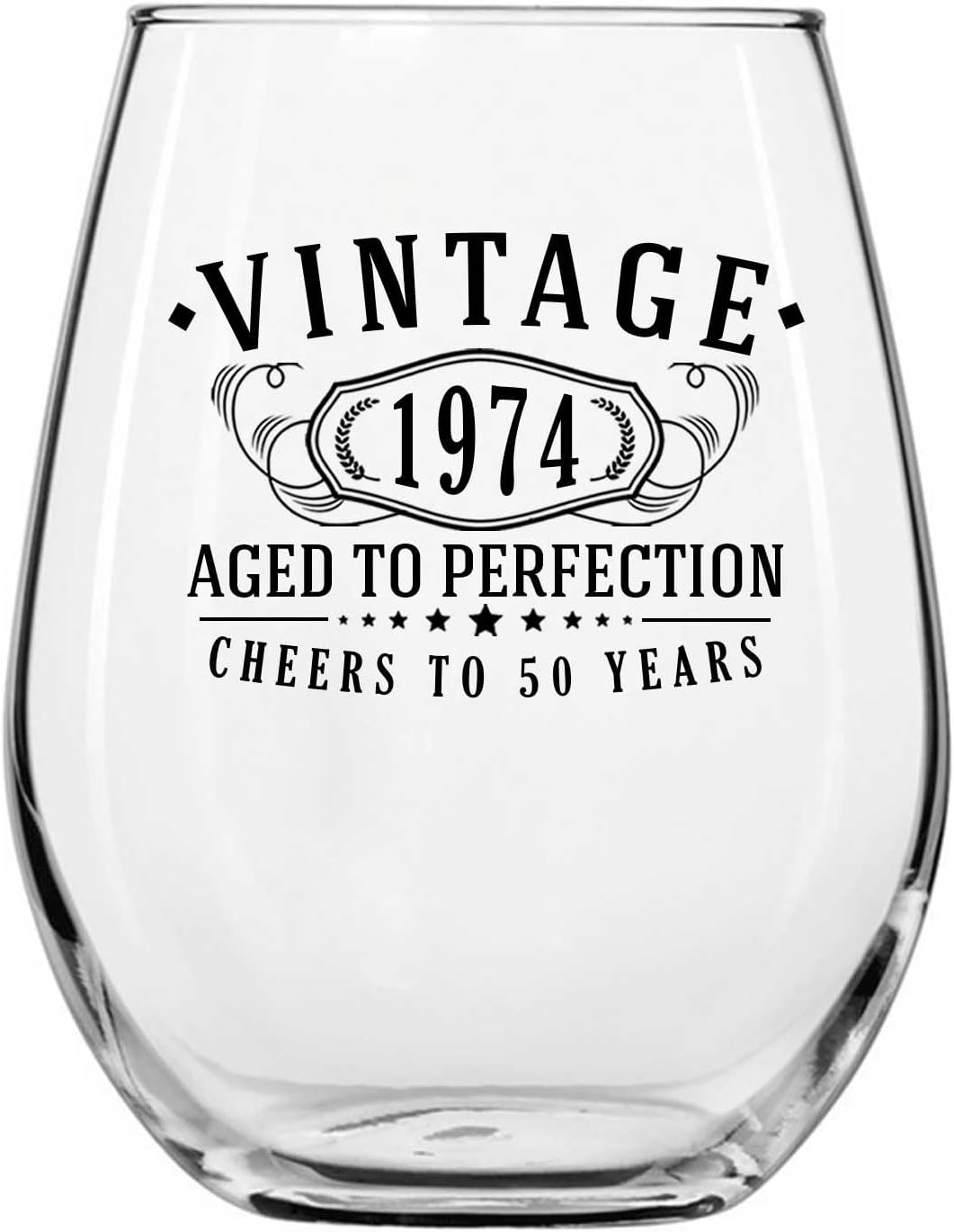Copa de vino sin tallo vintage de 1974 con estampado negro de 17 onzas, regalo de feliz cumpleaños 50 para mujeres y hombres, saludos a 50 años,