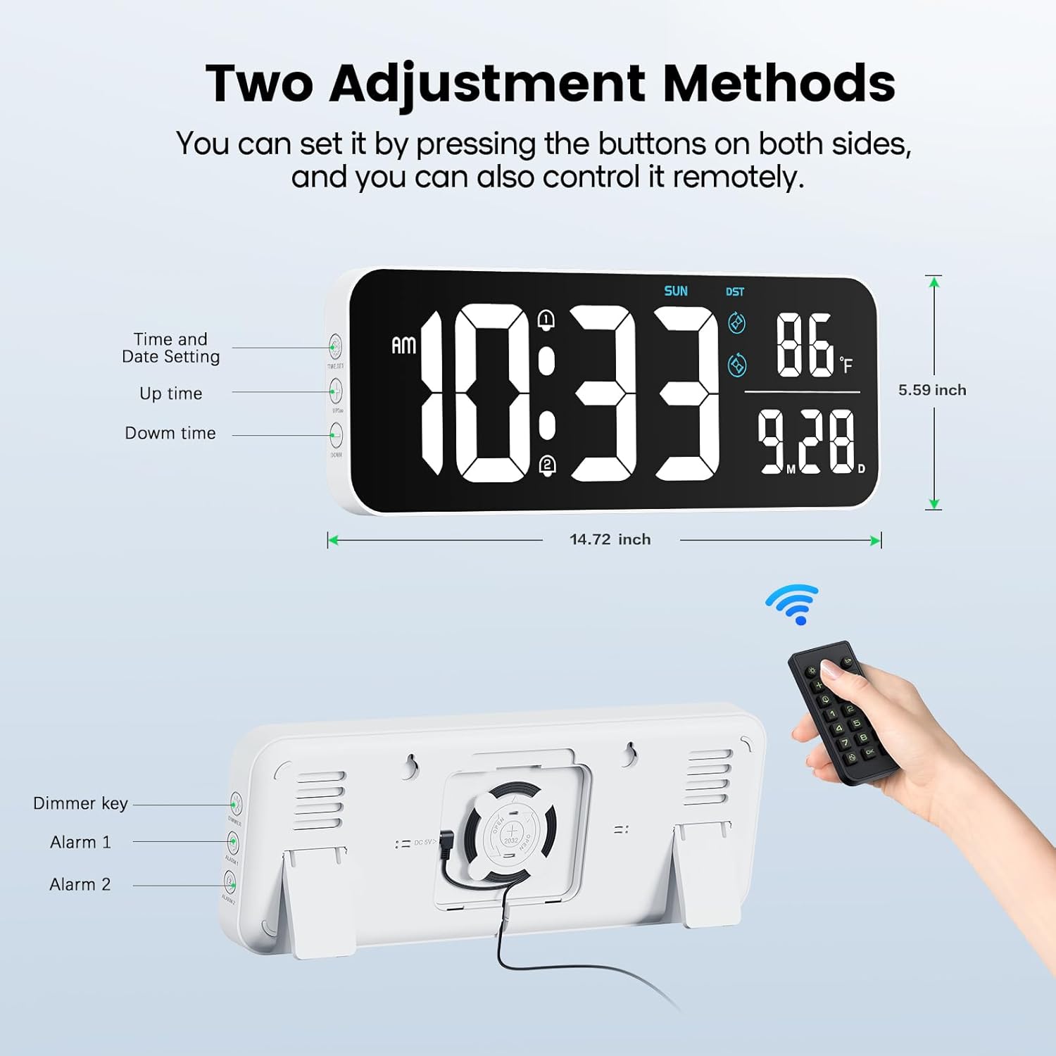 Deeyaple Reloj de pared digital, pantalla LED de 14.6 pulgadas, pantalla grande, fecha, temperatura, 1224 horas, control remoto, 10 brillo