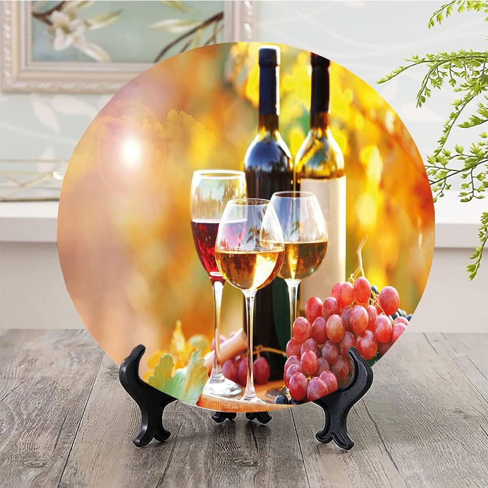 Platos decorativos, adorno con estampado de vino, vino sabroso en barril de madera en plantación de uva, 10 pulgadas, decoración de pared de cocina,