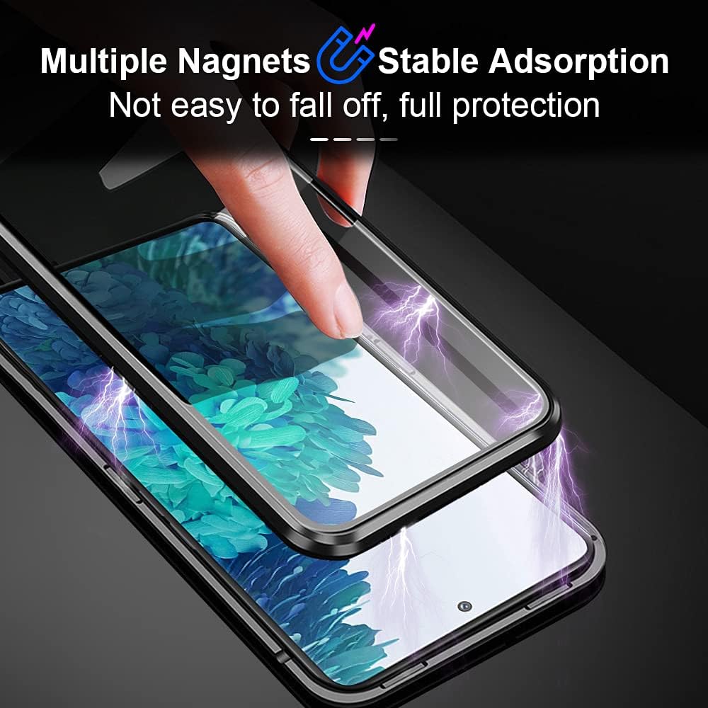 QUIETIP Funda compatible con Samsung Galaxy S20 FE, funda magnética de metal transparente de cristal, marco de metal delgado, vidrio templado de