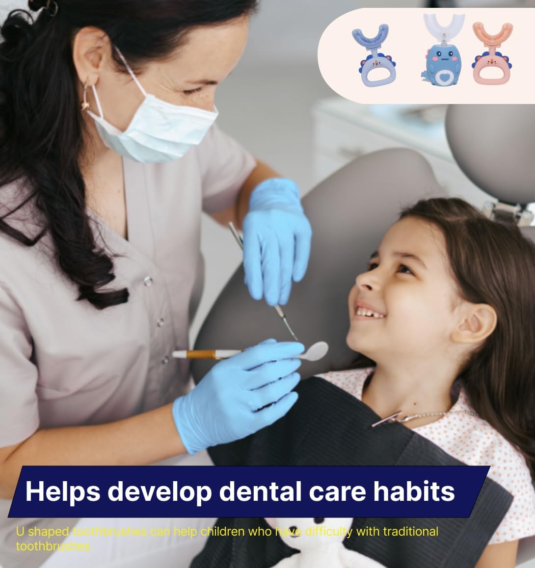 Cepillo de dientes en forma de U para niños, edad 2-12, material de silicona, cepillo de dientes rosa