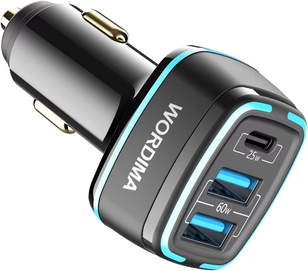 Cargador de coche USB C, cargador rápido WORDIMA de 85 W, 3 puertos, adaptador para encendedor de cigarrillos, compatible con iPhone 15, 14, 13, 12