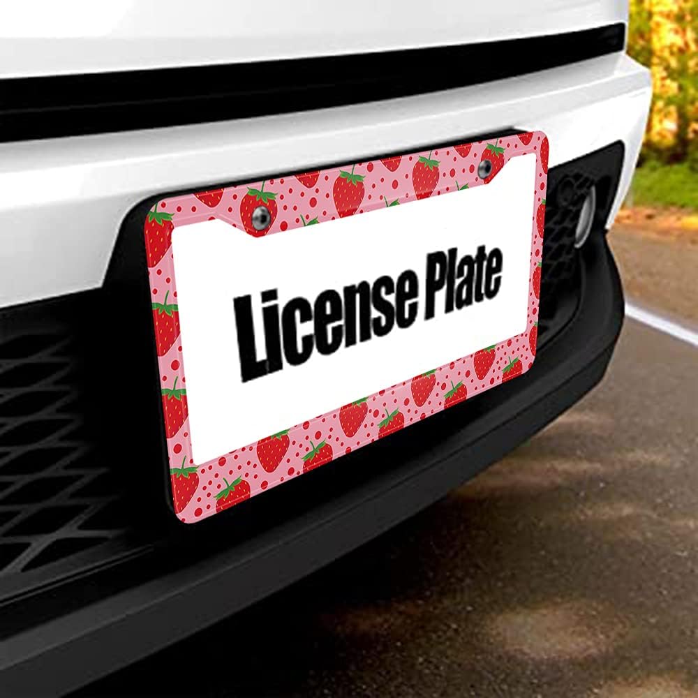 Beabes Lindo patrón de fresa fruta rosa soporte para placa de matrícula lunares marco rojo cubierta de placa de matrícula accesorios de coche 2