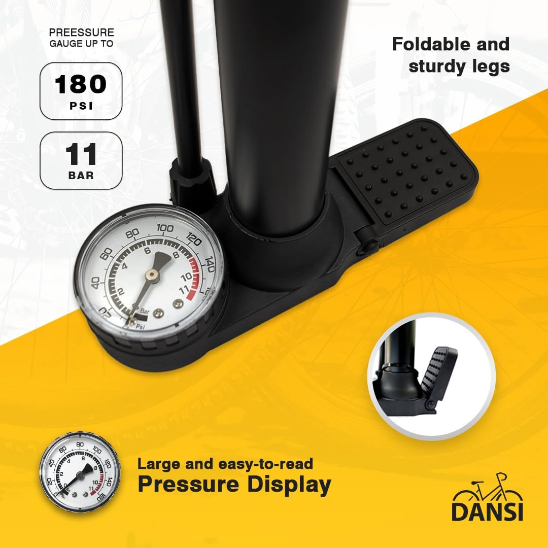 DANSI Bomba de piso para bicicleta con manómetro, bomba de bicicleta de piso con válvulas Presta y Schrader de alta presión 180 psi, bomba de aire
