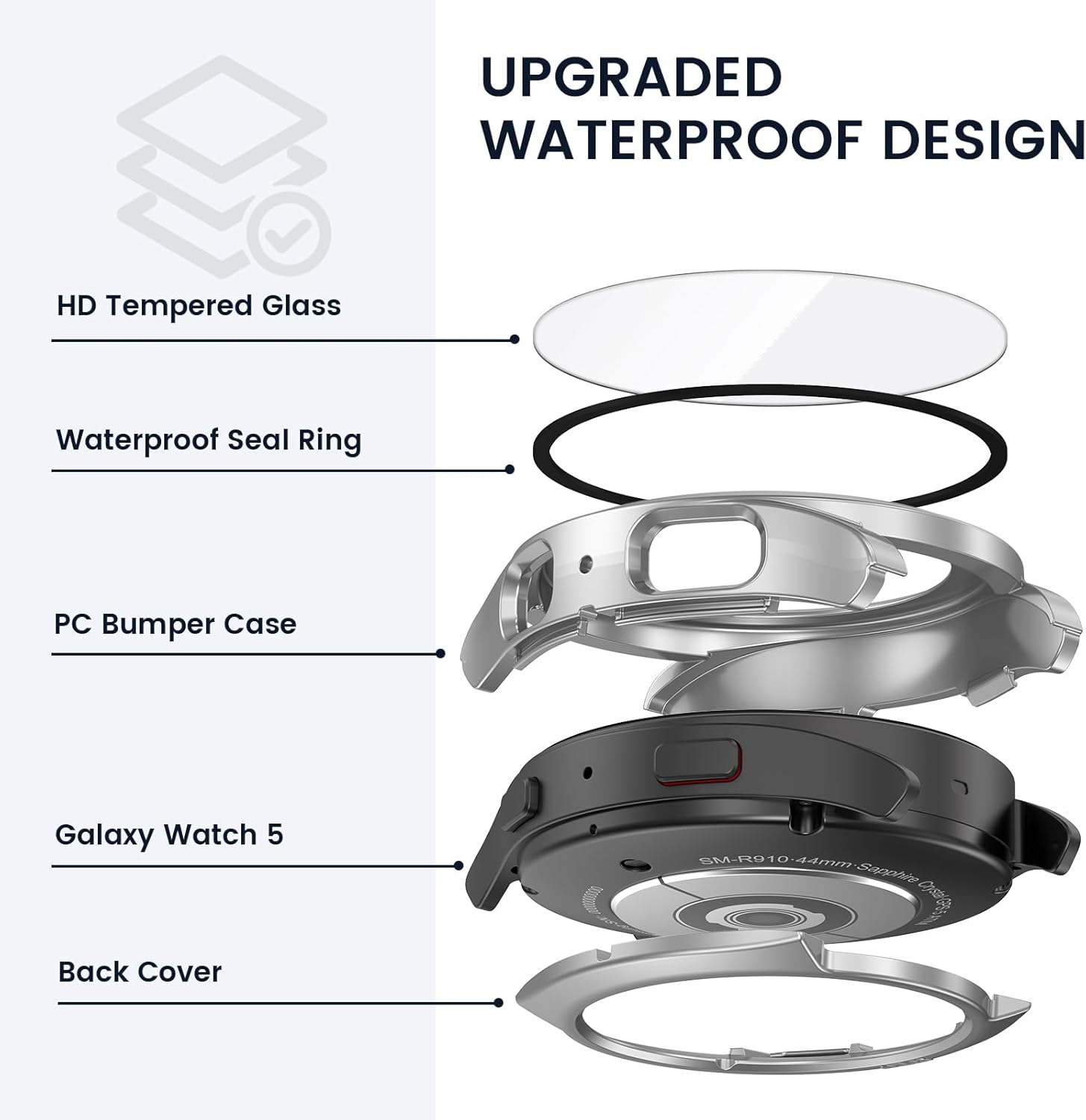 Tensea Funda protectora de pantalla impermeable para Samsung Galaxy Watch 5 2022 y 4 2021 de 1.575 pulgadas (1.575 in), funda protectora de
