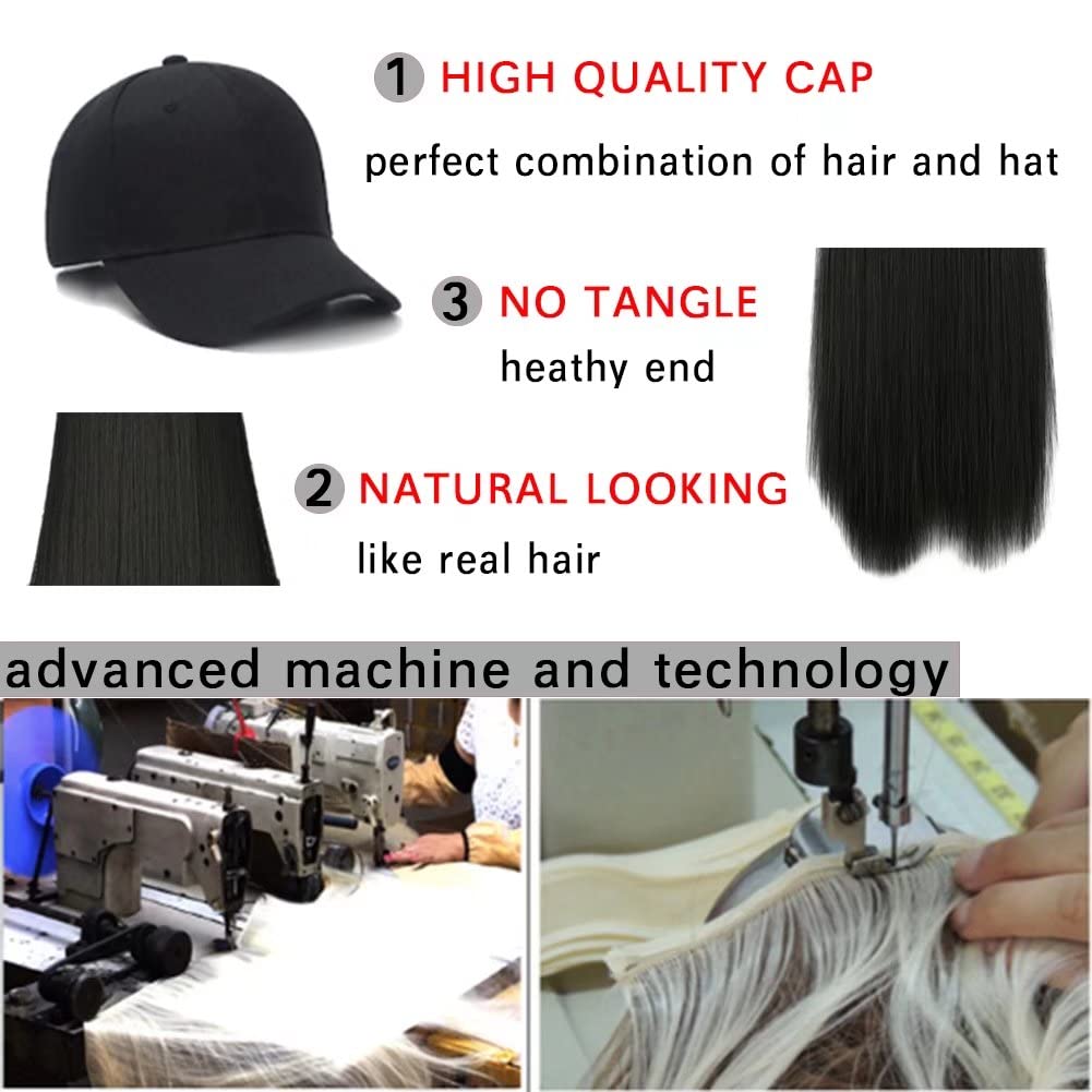 iLUU Peluca y gorro de béisbol con extensiones de cabello sintético con sombrero negro adjunto con 24 pulgadas, extensiones de cabello liso y liso