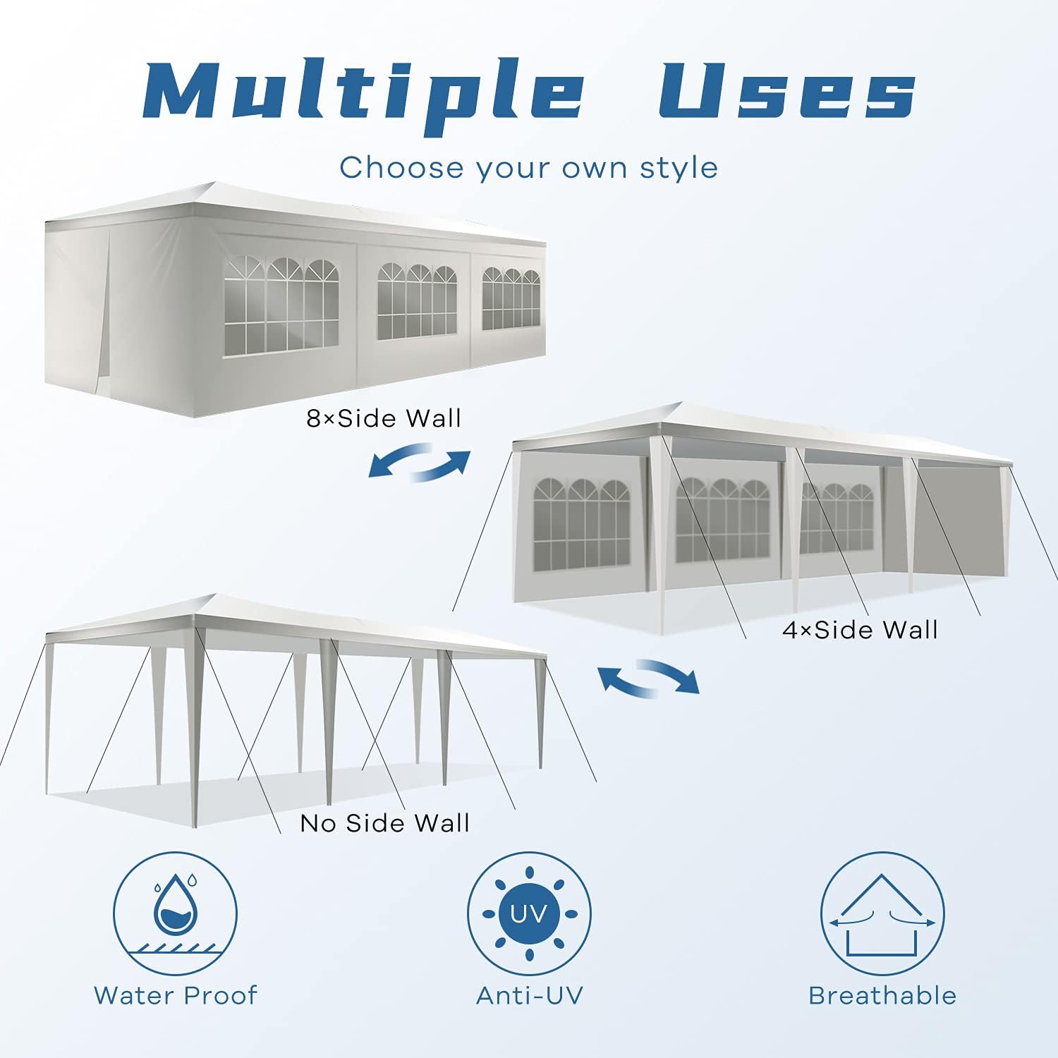 HCY Tienda de campaña para fiestas, 10 x 30 pies, carpa resistente al agua, protección UV, pabellón con 8 paredes laterales extraíbles para bodas,