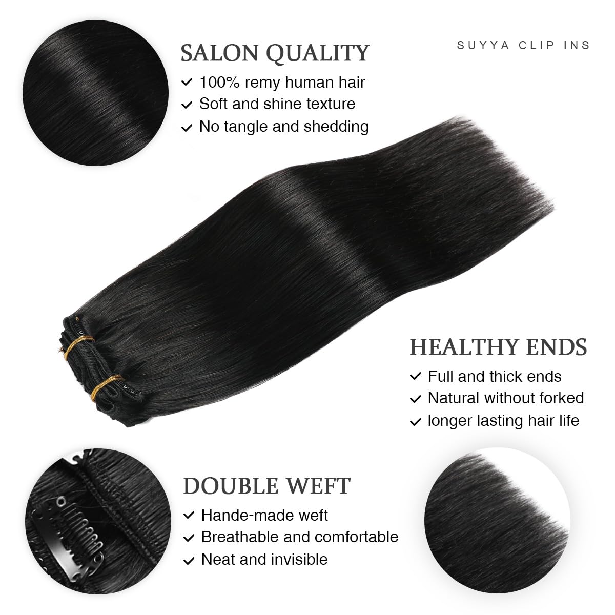 SUYYA Extensiones de cabello humano real con pinzas, 12 pulgadas, 3.53 onzas, 7 piezas de extensiones de cabello humano con clip, color negro