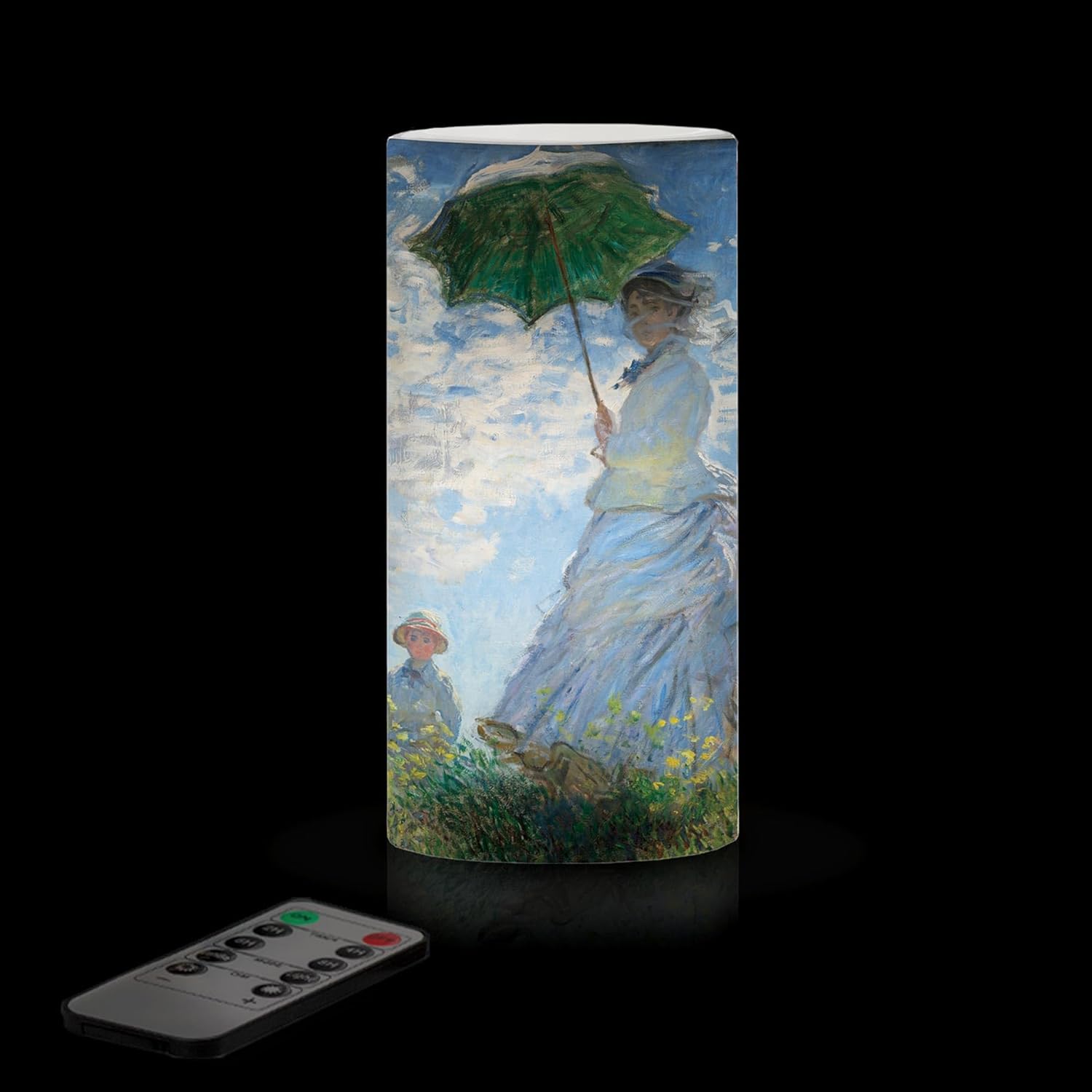 RainCaper Luz LED parpadeante sin llama de 6 pulgadas de cera de pilar  Artist Monet  Mujer con sombrilla  Funciona con pilas  Control remoto con