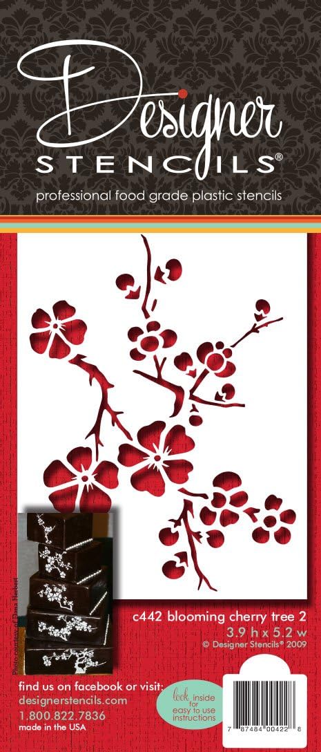 Designer Stencils Plantilla de pastel de nivel 2 de cerezo floreciente, beigesemitransparente