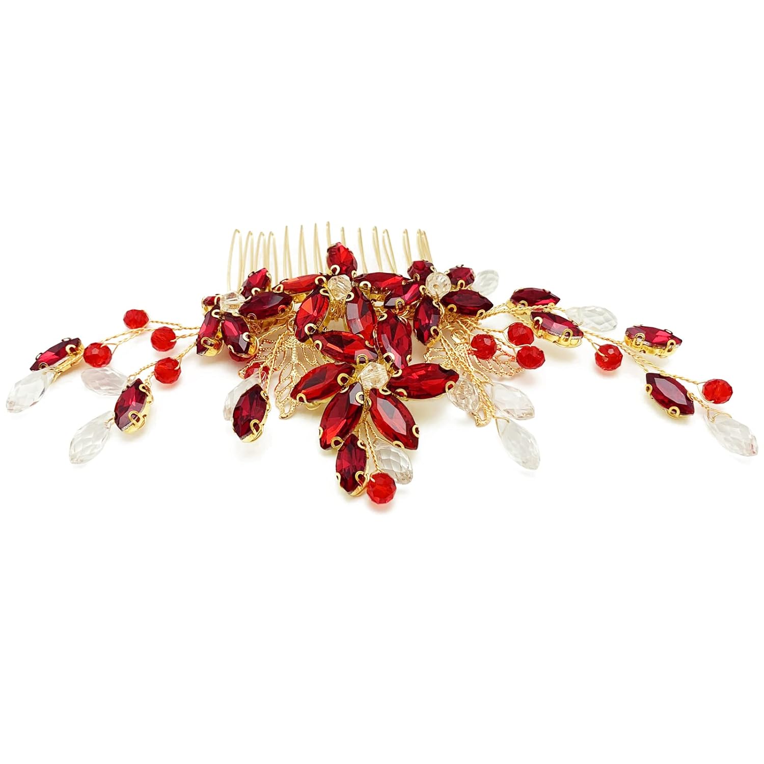 BETITETO Pieza de pelo de novia de cristal rojo con peine de flores de vid dorada, accesorios para el cabello para bodas, mujeres y niñas (dorado,