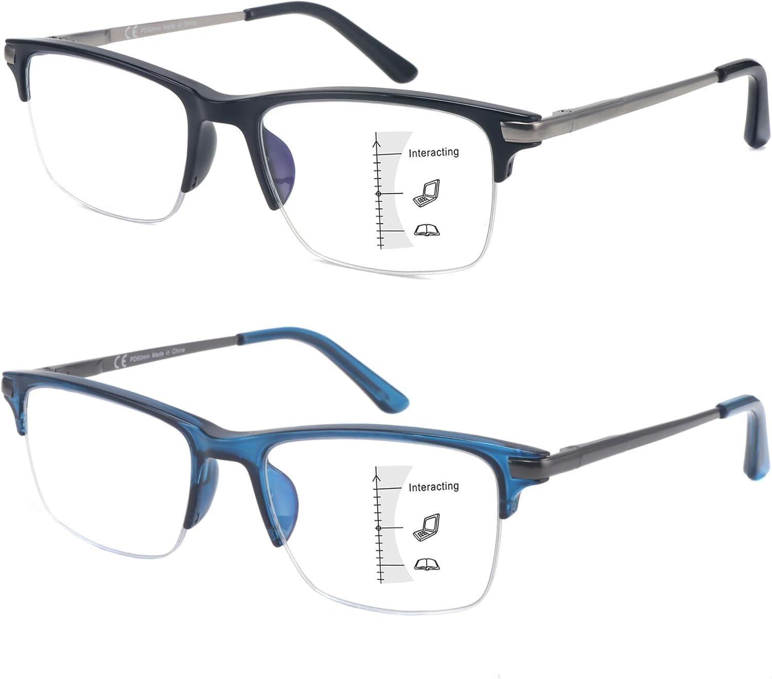 CARA – Paquete de 2 lentes de lectura progresivos de alta calidad para hombre, bloqueo de luz azul de medio marco, lectores multienfoque con bisagra
