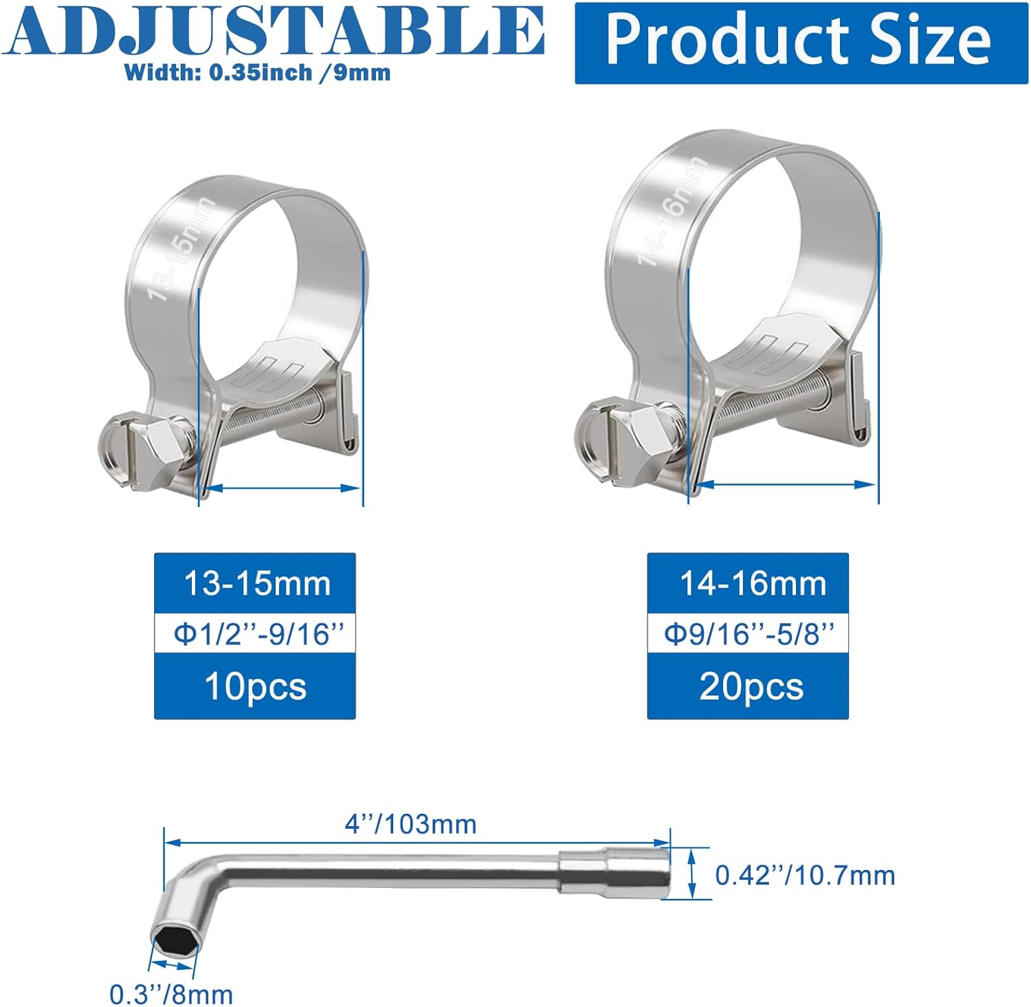 Tnisesm 30 abrazaderas de manguera de inyección de combustible de 916″-58″ y 12″-916″ ajustables de acero inoxidable 304, kit surtido de abrazaderas