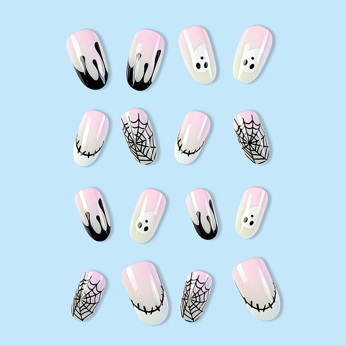 Uñas postizas ovaladas a presión de Halloween, uñas acrílicas de color rosa degradado con diseño de fantasmas, uñas con pegamento en las uñas