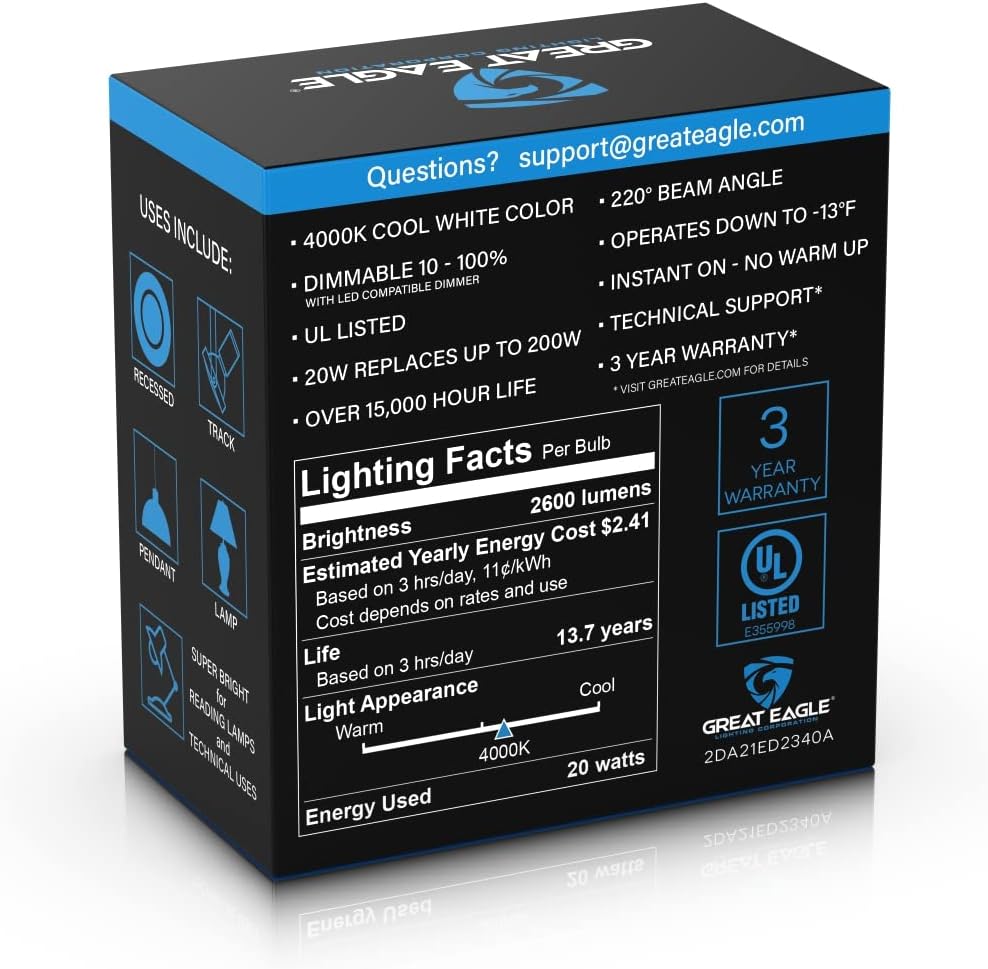 Great Eagle – Bombilla LED A21 de 200 W, intensidad regulable , 2DA21ED2340A