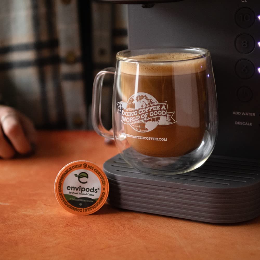 Fresh Roasted Coffee, Comercio Justo orgánico peruano procesado con agua descafeinado compostable, Kosher, tostado medio  12 unidades para cafeteras