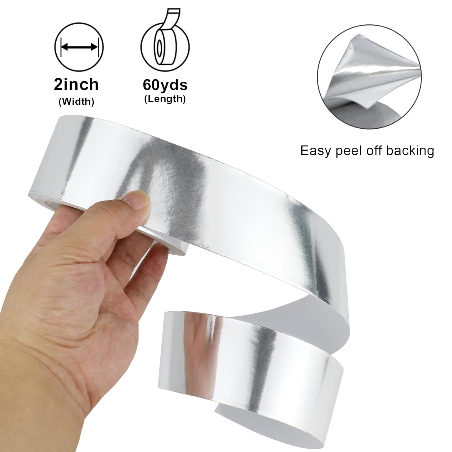 BOMEI PACK 1 rollo de cinta de papel de aluminio, cinta plateada de 3.6 mil x 2 pulgadas x 60 yardas, cinta adhesiva de metal aislante, cinta HVAC