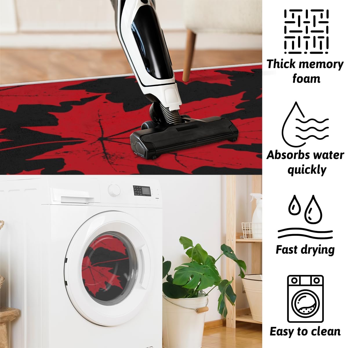 Fall Red Maple Memory Foam Bathroom Rug Runner Soft Cozy Bath Rug Water Absorbent Non-Slip Bathroom Mat Thick Velvet Shower Mat Bath Mat for