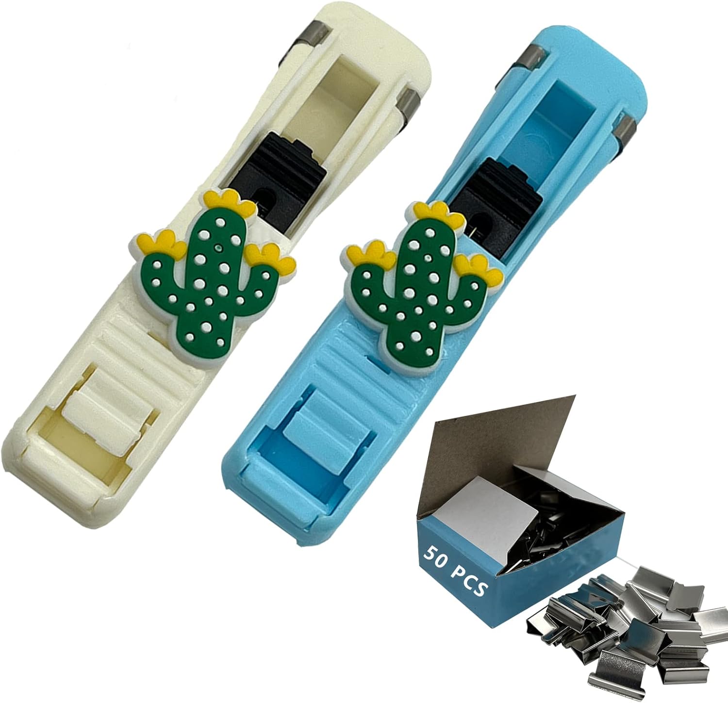 Juego de 2 grapadoras sin grapas, sin agujeros, bonitos clips, suministros escolares para estudiantes universitarios, 50 clips reutilizables